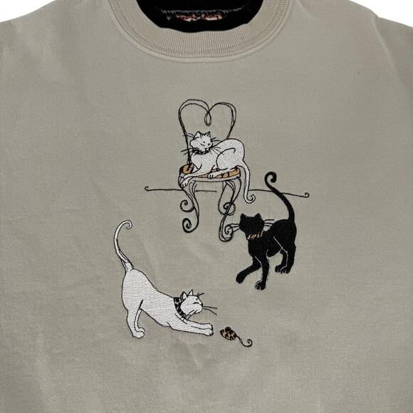 Vintage 90’s Crew Neck Sweatshirt Embroidered Cats Beige Tan Large - Picture 3 of 5